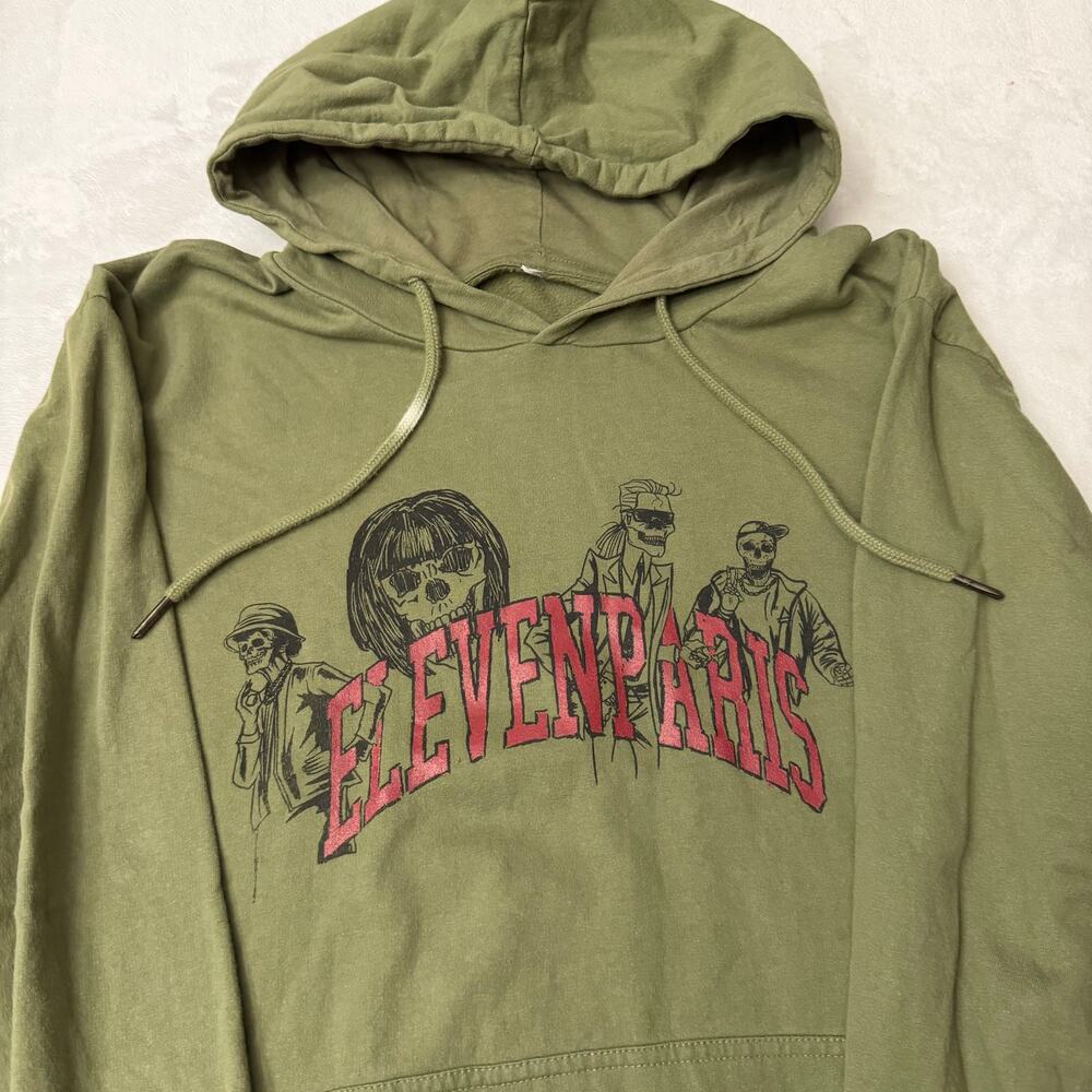 Eleven Paris Mens Graphic Hoodie Olive Green Skeleton Grunge Pullover XL